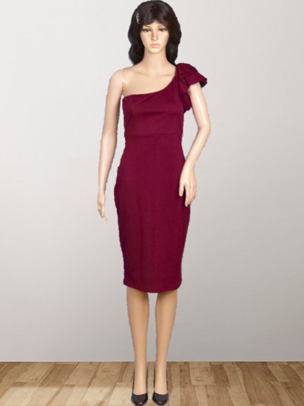 MOKORU size S burgundy 1-shoulder party sheath dress poly/span hand wash or DC